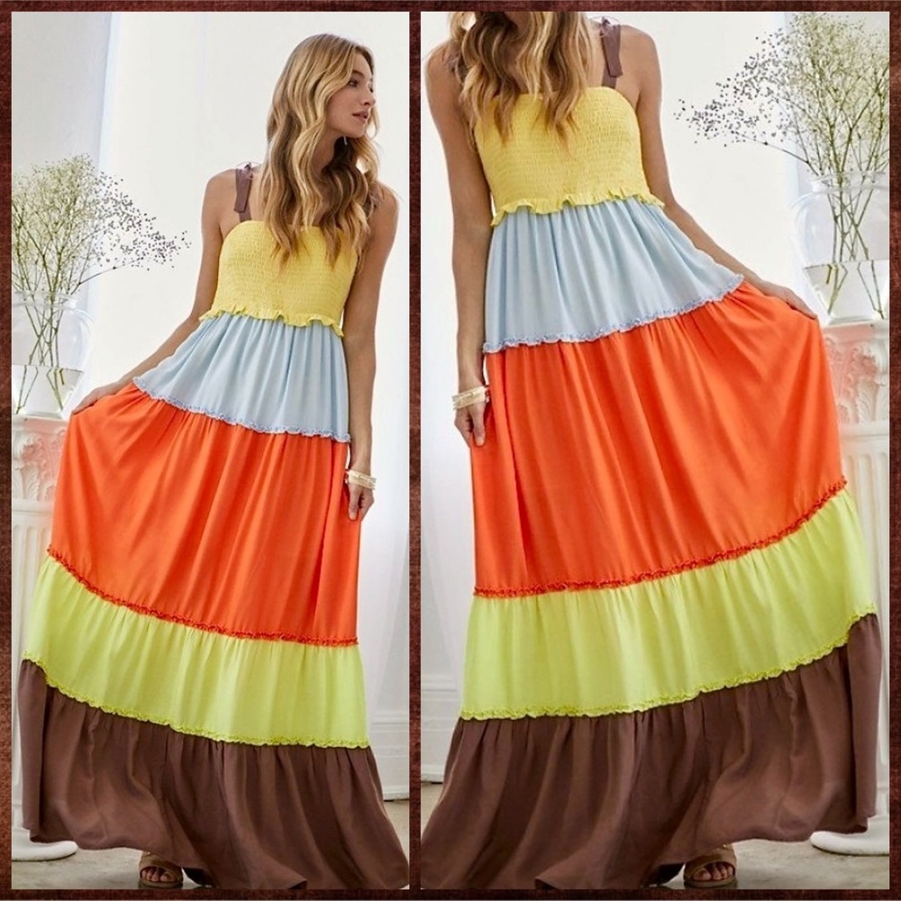 Lux Smocked Bodice Ruffle Trim Tiers Part Lined Skirt Shoulder Ties - Picture 9 of 16